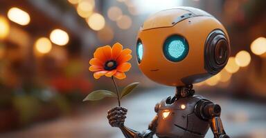A humanoid robot stands in a bustling urban setting, gently holding a vibrant flower, representing unity and harmony between technology and nature. photo
