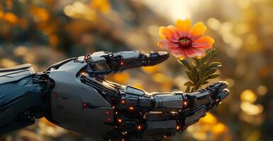 A humanoid robot gently holds a vibrant flower in its hand, symbolizing harmony between technology and nature during a tranquil sunset. photo