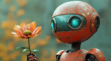 A humanoid robot with a vibrant orange body gently holds a blossoming flower, conveying a message of peace and hope amidst a backdrop of autumn colors. photo