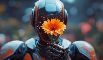 A humanoid robot gently holds a vibrant orange flower, highlighting the harmony between technology and nature in a serene environment filled with blossoms. photo