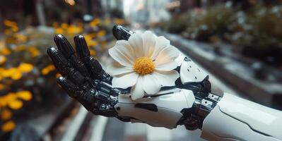 A humanoid robot gently cradles a white flower in its metallic hand surrounded by blooming plants in an urban garden setting, symbolizing peace and unity. photo