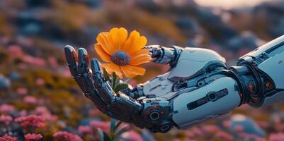In a tranquil meadow, a humanoid robot gently grasps a bright orange flower, symbolizing harmony between technology and nature. photo