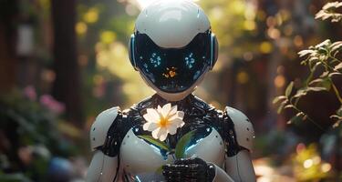 A humanoid robot stands peacefully in a lush garden, gently holding a blooming flower, symbolizing harmony between technology and nature. photo