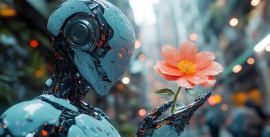 In a lively urban street, a humanoid robot gently holds a flower, symbolizing the potential for peaceful coexistence between technology and nature. photo