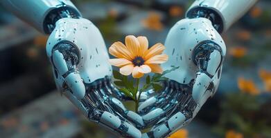 In a serene garden, a humanoid robot cradles a blooming flower, symbolizing the bond between technology and nature, fostering peace and coexistence. photo