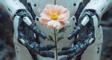 A humanoid robot stands peacefully, gently holding a soft blossom between its hands, symbolizing harmony between technology and nature. photo
