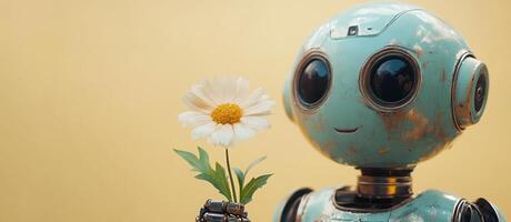 A joyful humanoid robot holds a daisy, symbolizing the harmony of technology and nature in a peaceful setting. photo