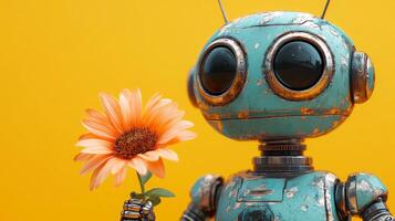 A cheerful humanoid robot, displaying a metallic finish, gently holds a vibrant flower against a warm yellow background, embodying themes of peace and connection. photo