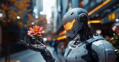 A humanoid robot in a busy city gently holds a flower, symbolizing the harmony between technology and nature, promoting peace and humanity. photo