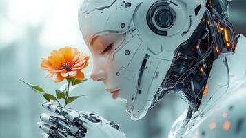 A humanoid robot gently holds a vibrant flower, reflecting a moment of peace and connection with nature, showcasing the blend of technology and humanity. photo