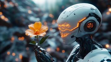 A humanoid robot stands amidst a tranquil setting, gently holding a vibrant flower, symbolizing harmony and the connection between technology and nature. photo