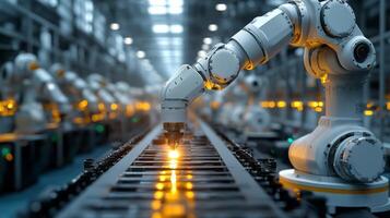 Robotic arms work efficiently on a conveyor line, demonstrating advanced automation in an industrial manufacturing facility. Attention to precision and speed enhances productivity. photo