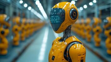 In a cutting-edge factory, a robotic figure stands prominently amid rows of automated machines. This technology showcases the efficiency and innovation driving industry today. photo