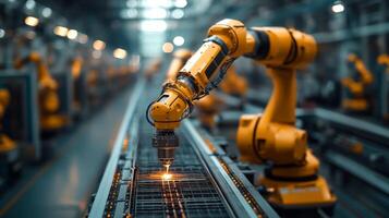 Robotic arms are actively performing precision tasks on an automated conveyor system within a modern manufacturing facility, showcasing advanced engineering and AI integration. photo
