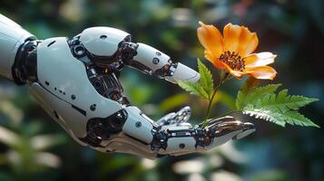 A humanoid robot extends its hand to hold a vibrant flower, illustrating the connection between technology and nature in a peaceful setting. photo