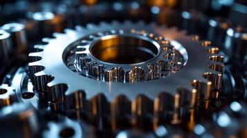 Close-up view of intricate gears and machinery components in a manufacturing setting. The automated production reflects advanced engineering and precision fabrication techniques. photo