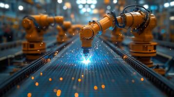 In a state-of-the-art manufacturing facility, robotic arms perform precise welding tasks on a conveyor belt, creating sparks that illuminate the scene. Automation drives productivity. photo