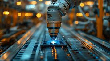A robotic arm performs welding on a metal component within a bustling factory setting. Advanced automation and artificial intelligence drive efficiency in production processes. photo
