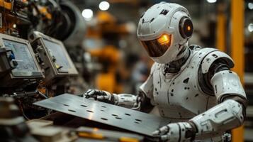 A humanoid robot meticulously handles metal sheets in a bustling factory environment, showcasing cutting-edge engineering and automated assembly techniques crucial for efficient production. photo