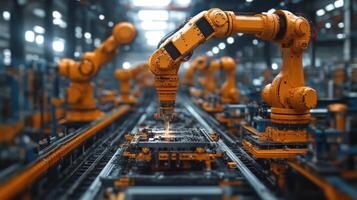 Robotic arms engage in precision manufacturing on a conveyor system, showcasing advanced technology and automation in a bustling industrial environment. photo