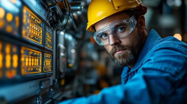 A skilled engineer is focused on maintaining and troubleshooting complex machinery within a bustling manufacturing plant. Safety equipment is utilized for protection while ensuring efficiency. photo