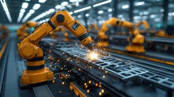 Robotic arms actively perform welding tasks on a conveyor system within a modern factory, enhancing production efficiency through automation. Sparks fly as the robots work diligently. photo