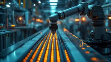 A robotic arm is meticulously working on a conveyor belt in a modern manufacturing facility, showcasing advanced automation. The environment is well-lit and busy, highlighting industrial efficiency. photo