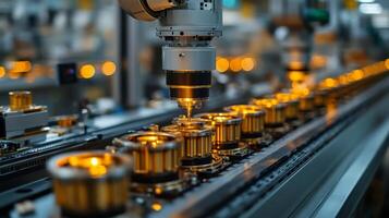 High-tech automation in action as precision robotics work on components along a conveyor belt in an industrial facility. The vibrant lighting highlights the efficiency of the process. photo