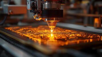 High-tech laser equipment operates in a manufacturing plant, skillfully cutting intricate designs into metal sheets. The environment showcases modern engineering practices and automation. photo