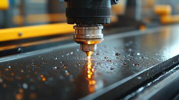 A powerful laser beam focuses on a metal sheet, cutting through with precision in a modern manufacturing plant. The machinery operates efficiently, showcasing advanced engineering techniques. photo