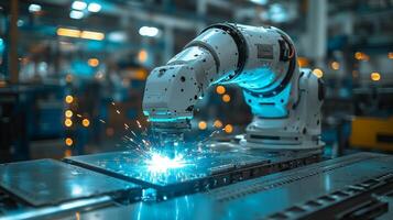 A robotic arm performs precise welding tasks on metal panels in a state-of-the-art manufacturing facility, showcasing advanced automation. photo