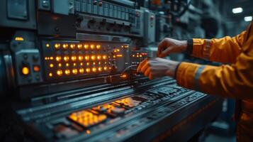 In a busy manufacturing factory, skilled workers engage with advanced machinery controls, ensuring automated processes run smoothly while maintaining safety standards. photo