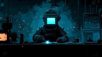 A skilled worker in a welding helmet operates machinery in a dimly lit industrial workshop. Bright sparks fly as fabrication occurs, highlighting precision and craftsmanship. photo