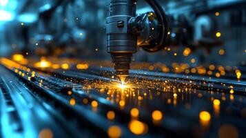 Laser cutting machinery operates in a modern manufacturing facility, producing sparks as it precisely cuts through materials. The environment showcases advanced industrial automation processes. photo