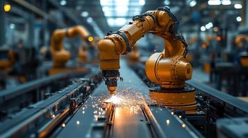 A robotic arm equipped with a welding tool is executing precise welding tasks on a conveyor belt in an industrial factory. Sparks fly as automation enhances manufacturing efficiency. photo