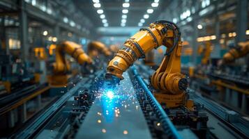 In a modern factory, robotic arms efficiently perform precision welding on metal components, showcasing automation and engineering advancements. photo