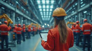 In a modern factory, a worker wearing a helmet stands with a tablet, overseeing automation in the workshop while colleagues operate machinery nearby. Safety and efficiency are prioritized here. photo
