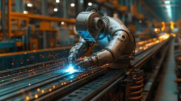 In a corporate manufacturing facility, a robotic arm expertly performs welding tasks on metal components as sparks fly across the conveyor. Advanced automation enhances production efficiency. photo