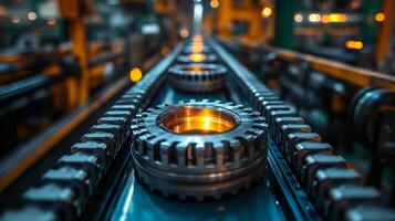 Conveyor belts transport precision-engineered gears illuminated by warm lights in an automated manufacturing facility. Advanced robotics enhance production efficiency and quality control. photo