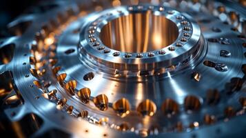 Detailed view of a precision-engineered metal component in a manufacturing facility. Advanced machinery and automation techniques enhance production efficiency and accuracy. photo