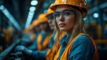 Workers in safety helmets and glasses efficiently manage machinery on the assembly line in a busy manufacturing plant. The environment reflects advanced automation techniques. photo