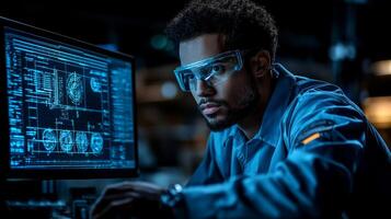 A focused engineer analyzes complex designs on a computer screen in a high-tech workshop. The environment features safety equipment and advanced engineering tools essential for automation. photo