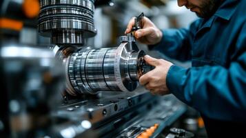 A technician meticulously measures an industrial component using precision tools within a well-equipped manufacturing workshop. The environment reflects a focus on safety and automation. photo