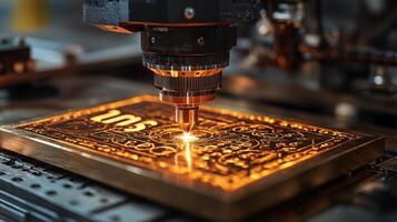 A laser cutter operates on a metal sheet, creating intricate designs in a high-tech manufacturing environment. Sparks fly as the machinery efficiently processes materials. photo