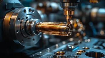 Intricate machining is taking place in a bustling manufacturing facility. Advanced machinery shapes metal components with high precision as automated systems streamline production processes. photo