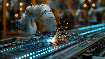 In a cutting-edge manufacturing facility, a robotic arm efficiently welds metal pieces, generating sparks while enhancing production speed and quality through automation and engineering precision. photo
