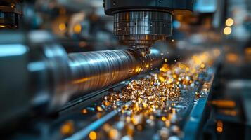 High-speed CNC machine operates on a metal rod, creating intricate parts. Golden metal shavings accumulate on the production line, showcasing industrial efficiency. photo
