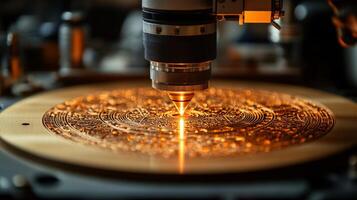Intricate designs are being laser engraved on a wooden surface in a high-tech manufacturing facility, showcasing the precision of automated machinery during production. photo