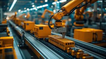 In a high-tech manufacturing facility, robotic arms manipulate components along an extensive conveyor system, enhancing efficiency and precision. Automation drives production and innovation. photo