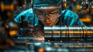 A skilled technician is focused on a metalworking task, creating sparks while operating machinery in a busy industrial workshop. Safety gear is prioritized in the engineering process. photo